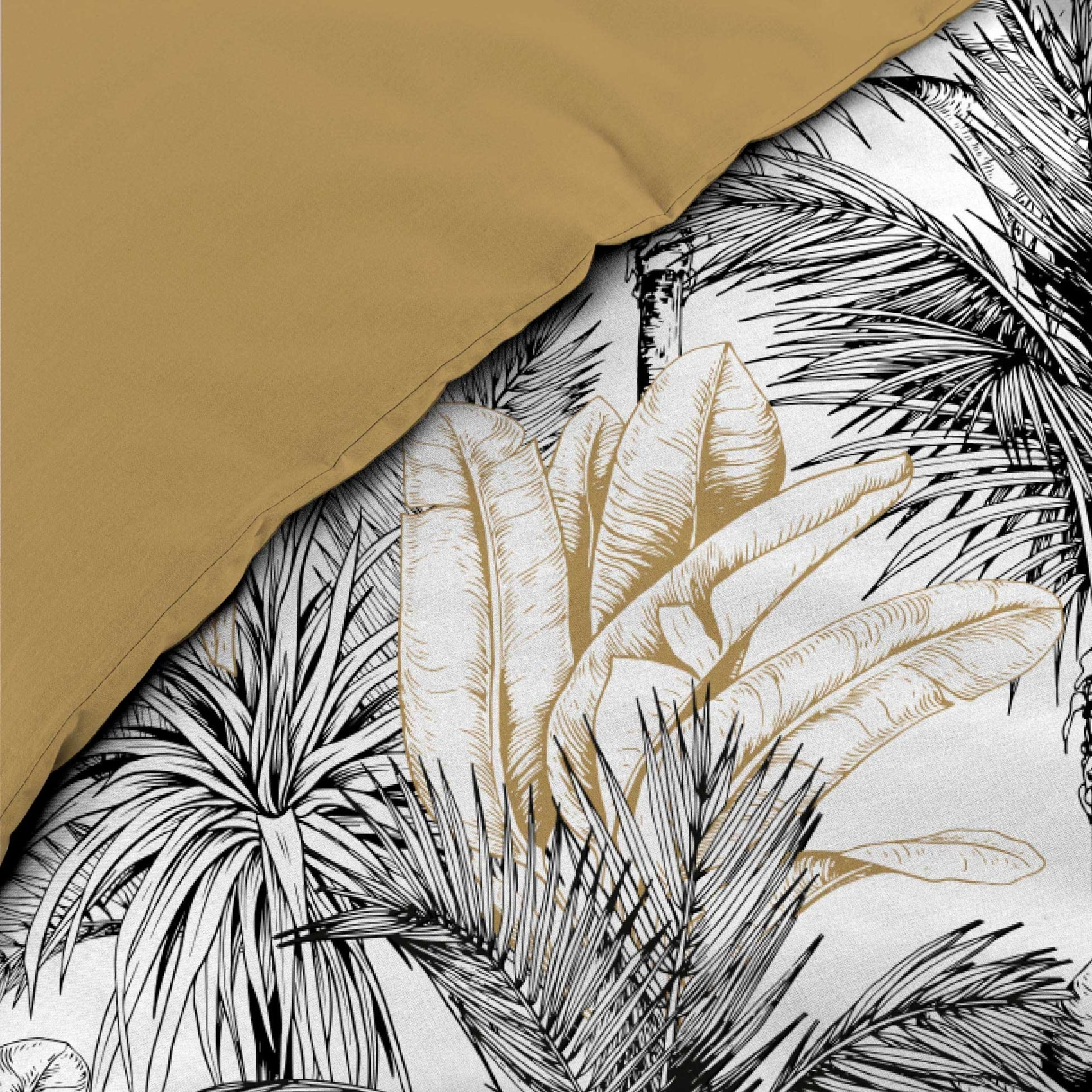 Parure de lit 3 pièces coton motif palmiers housse + 2 taies - Jaune