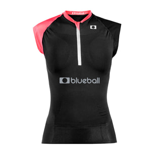 CAMISETA DE COMPRESIÓN RUNNING MUJER SIN MANGAS BLUEBALL EN NEGRO Y ROSA