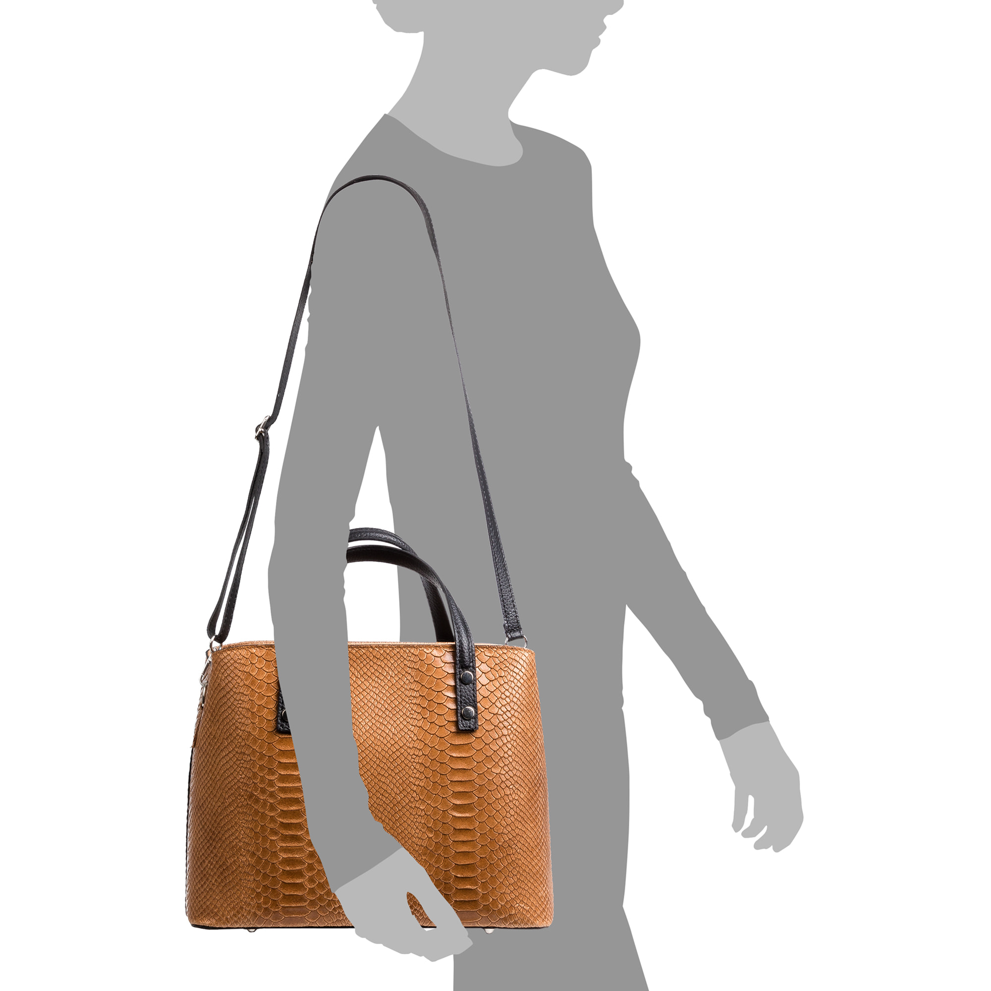 FIRENZE ARTEGIANI Borsa Tote Vittoria da Donna. Vera Pelle Scamosciata Incisione Serpente Made in Italy 32x14x25 Cm. Marrone chiaro