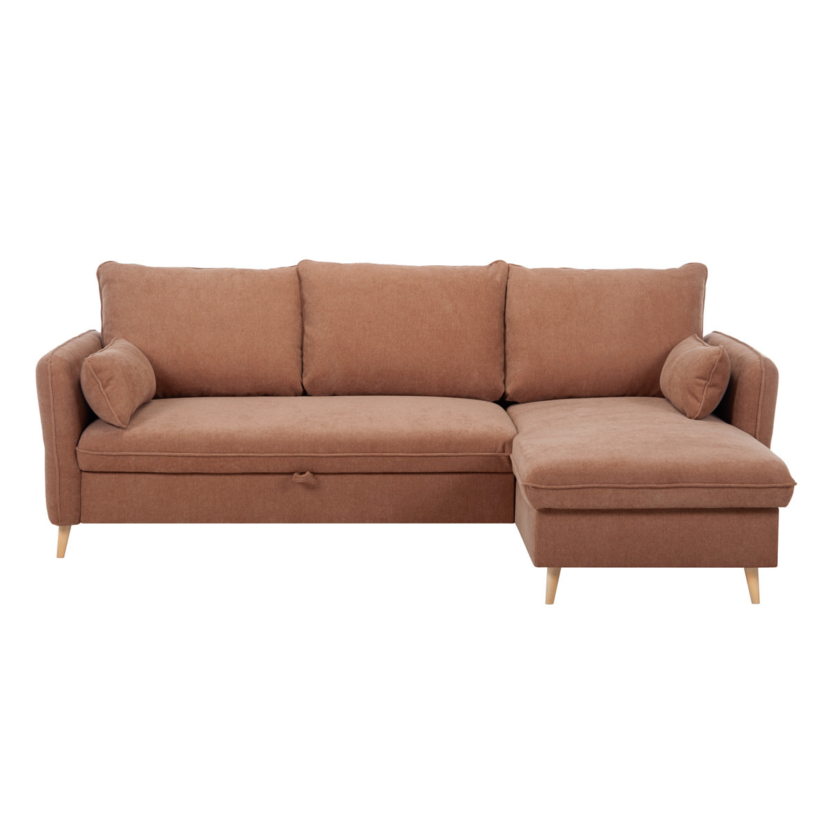 Canapé d'angle convertible réversible avec coffre 3-4 places en tissu effet velours terre brûlée et bois clair DRISS