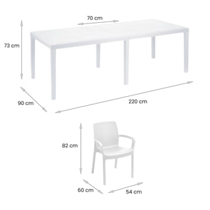 Tavolo da esterno Dantonaz, Tavolo rettangolare allungabile da pranzo con 4 sedie incluse, Tavolo e sedute da giardino effetto rattan, 100% Made in Italy, Bianco