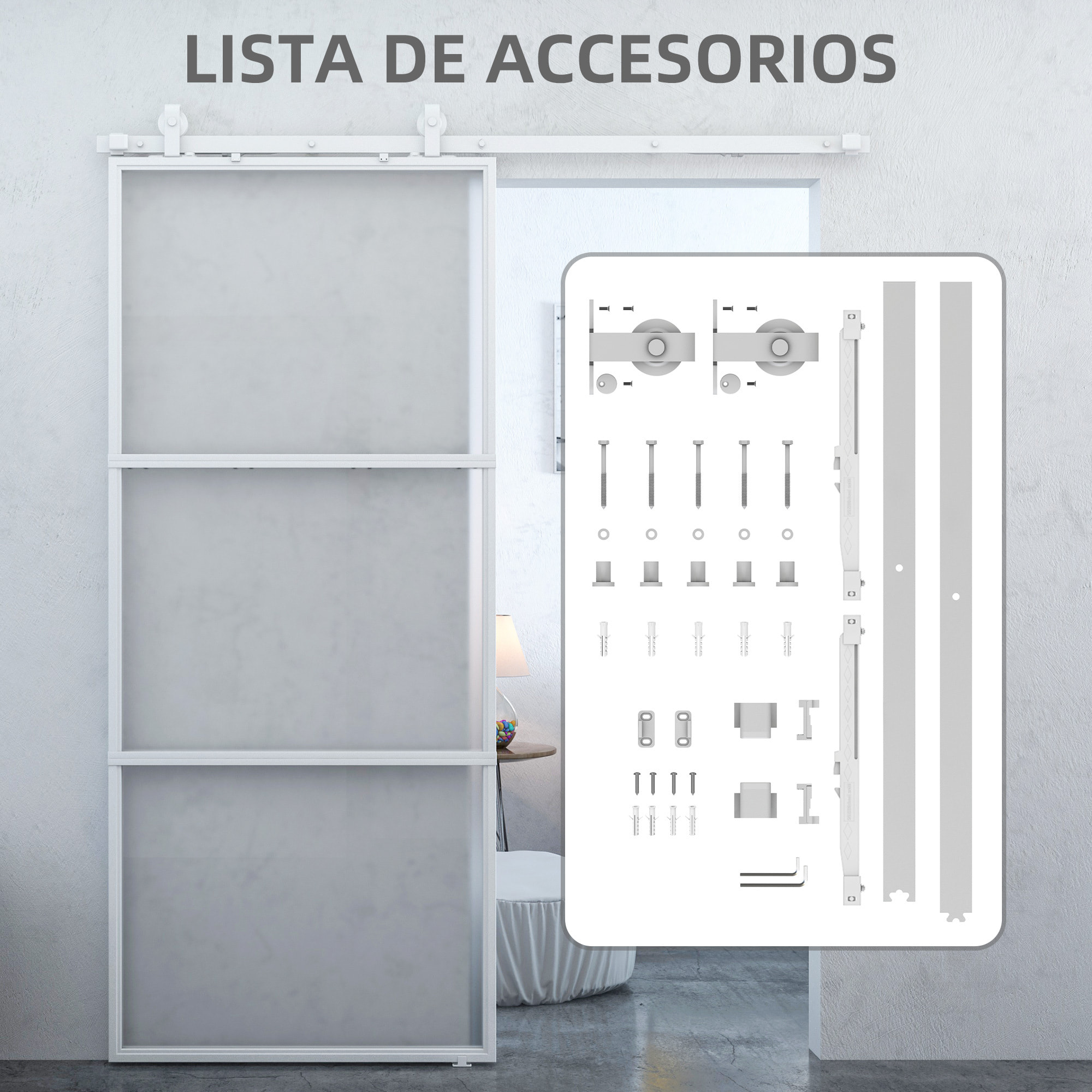 Puerta Corredera con Herrajes Puerta Corredera de Cristal con Mecanismo Cierre Suave para Baño Salón Sala de Estar Cocina 91,4x203,2 cm Blanco