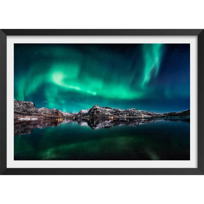 Poster lofoten aurora reflection Affiche + cadre en bois - Noir