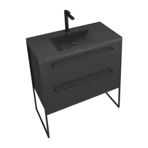 Meuble de salle de bain 80x50cm - 2 tiroirs - vasque résine noire effet pierre - STRUCTURA F051