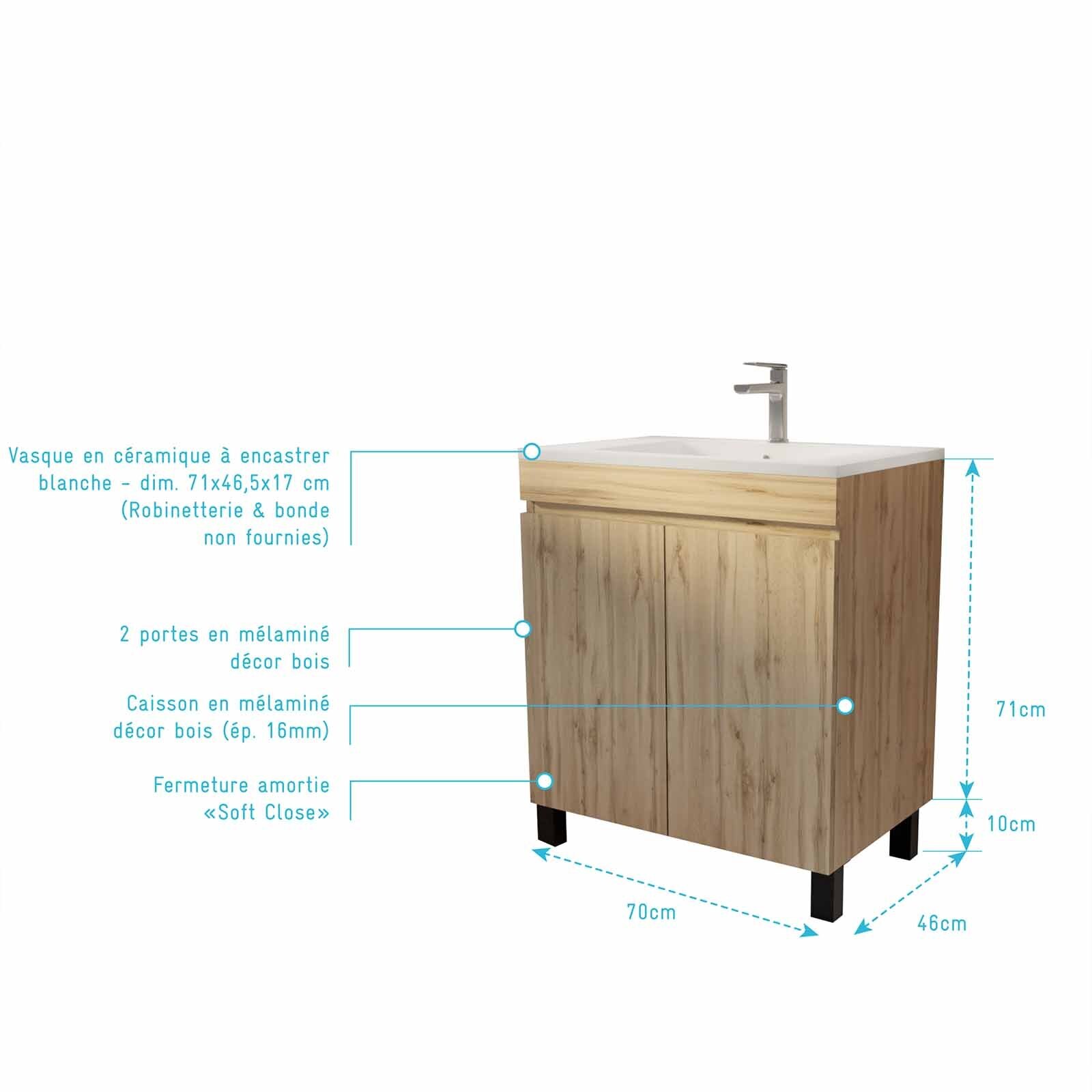 Meuble de salle de bains 70 cm TIMBER - Décor Chêne Naturel à portes avec Vasque céramique blanche