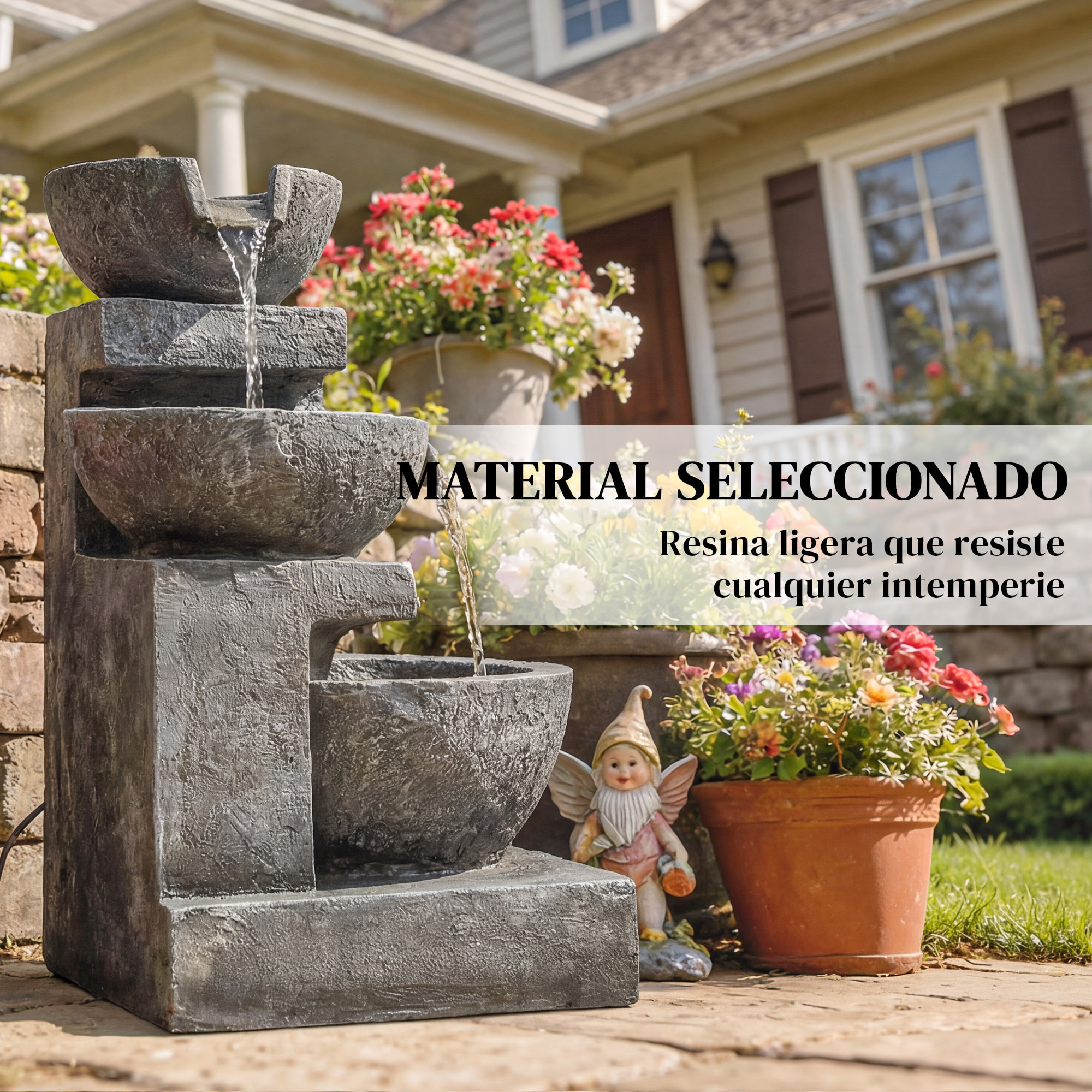 Fuente de Agua Decorativa con Iluminación LED y Bomba, Fuente de Jardín Exteror en Cascada de 3 Niveles, Resistente a la intemperie, para Jardín, Patio, Terraza, 40x37x61 cm, Multicolor