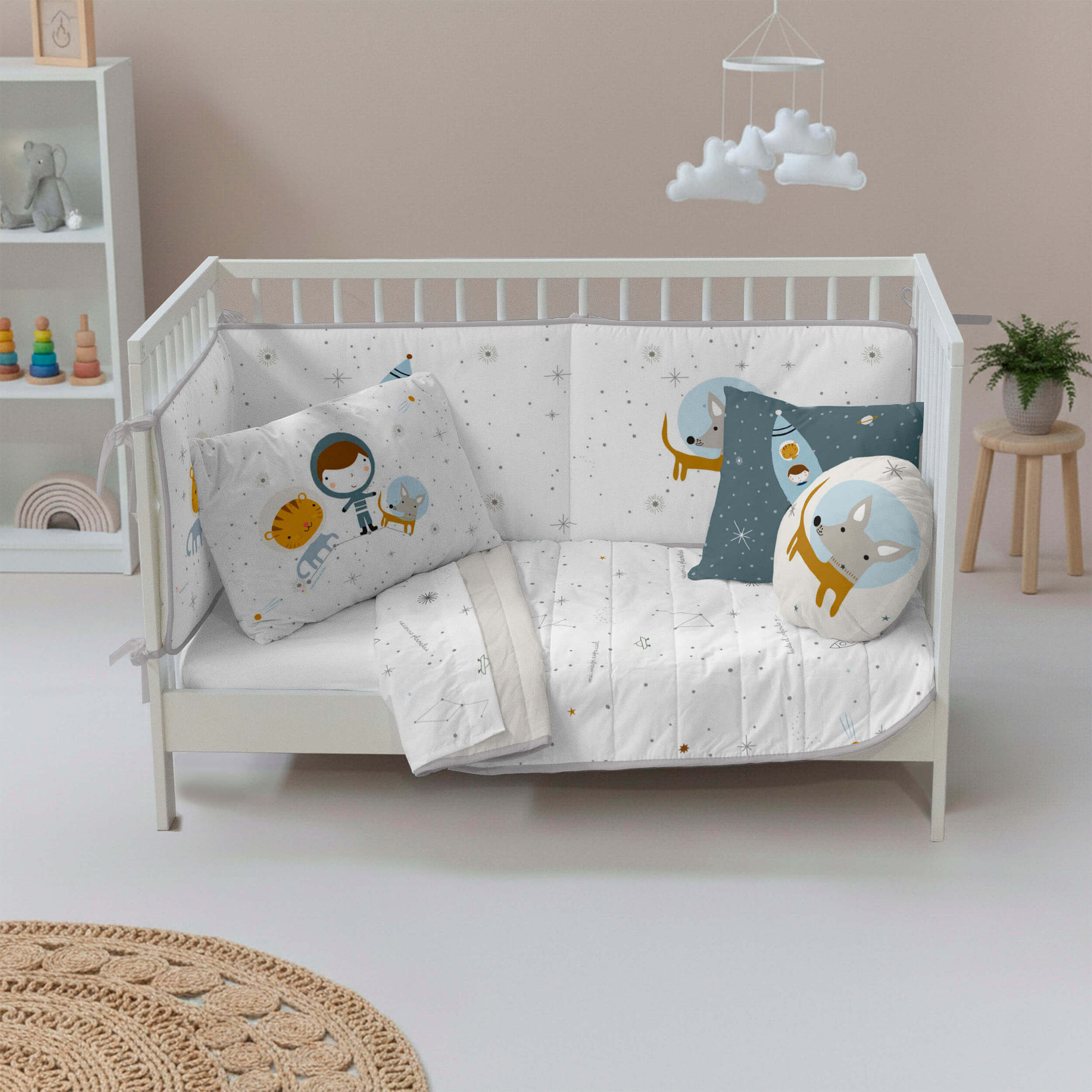 Colcha Bouti Estampada - Reversible - Infantil - 100% Algodón - Cuna - Viaje Espacial