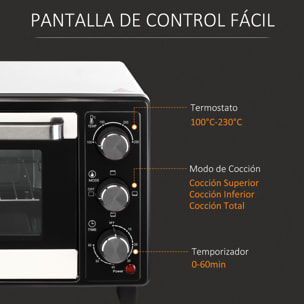 Horno Sobremesa Eléctrico 16L 1400W con 3 Modos de Calor Temperatura hasta 230 ℃ Temporizador 60 Minutos Bandeja de Horneado y Rejilla 44x32x28,1 cm Blanco y Negro