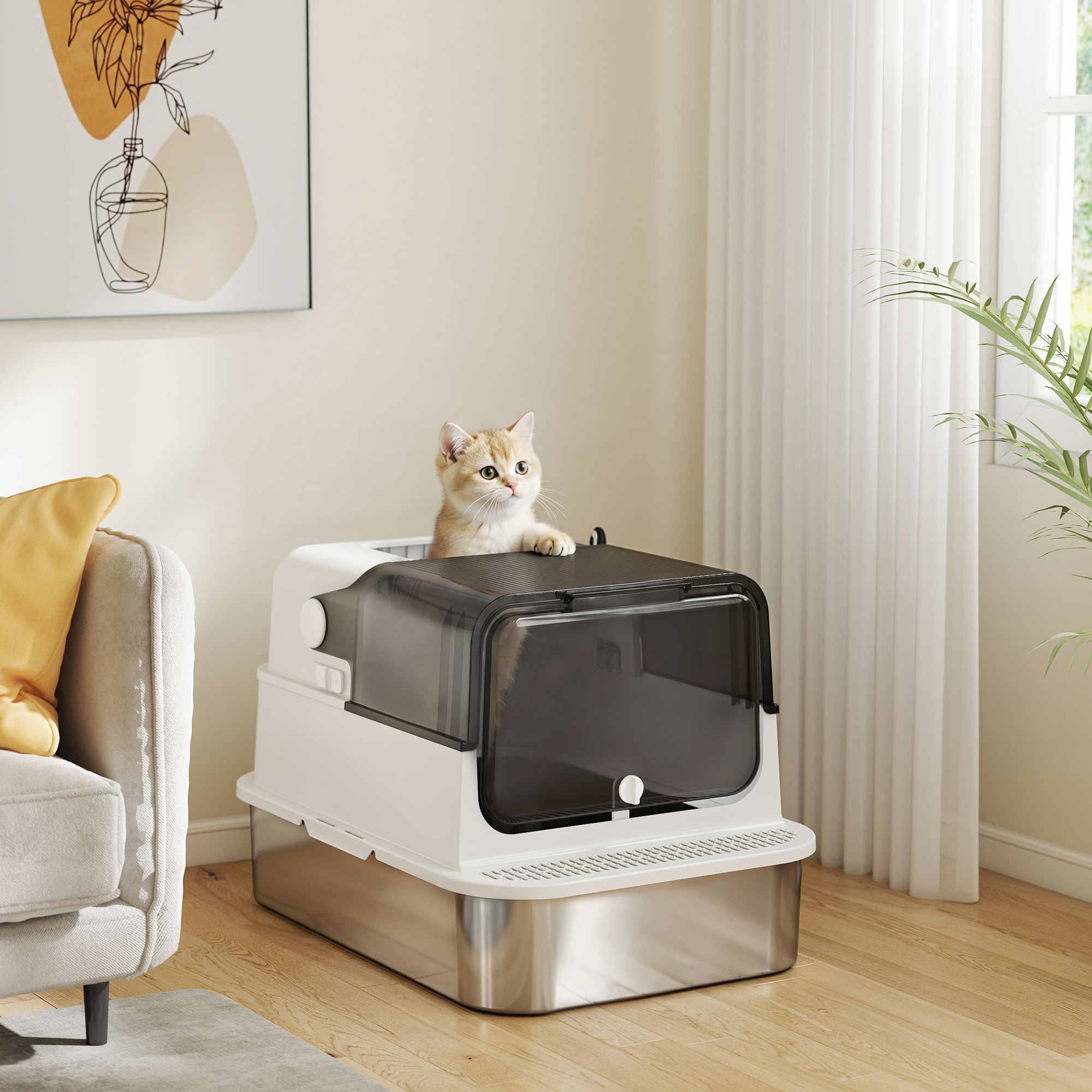 Arenero para Gatos de Acero Inoxidable XXL, Caja de Arena para Gatos Grandes, Arenero con Tapa Abatible, Laterales Altos, Entrada Superior, Pala, sin Olores, Fácil de Limpiar, Antifugas, Blanco