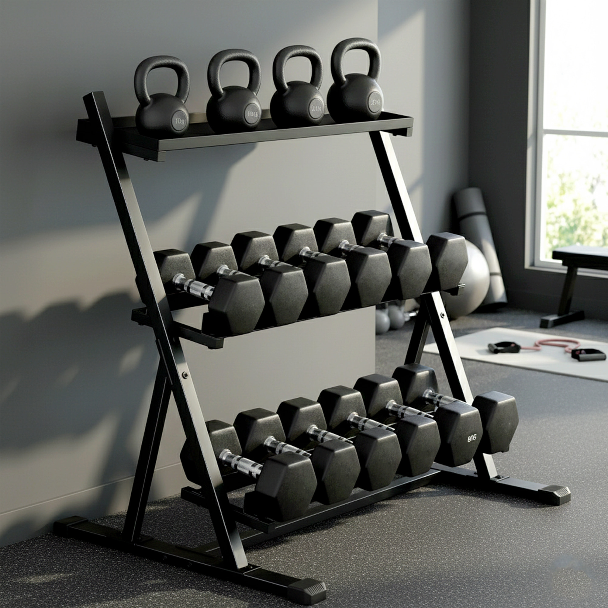 Soporte Mancuernas de 3 Niveles, Estante de Almacenamiento de Pesas de Acero con Barras Ajustables, para Entrenamiento en Gimnasio Casa, Carga 200 kg, 88x66x88 cm