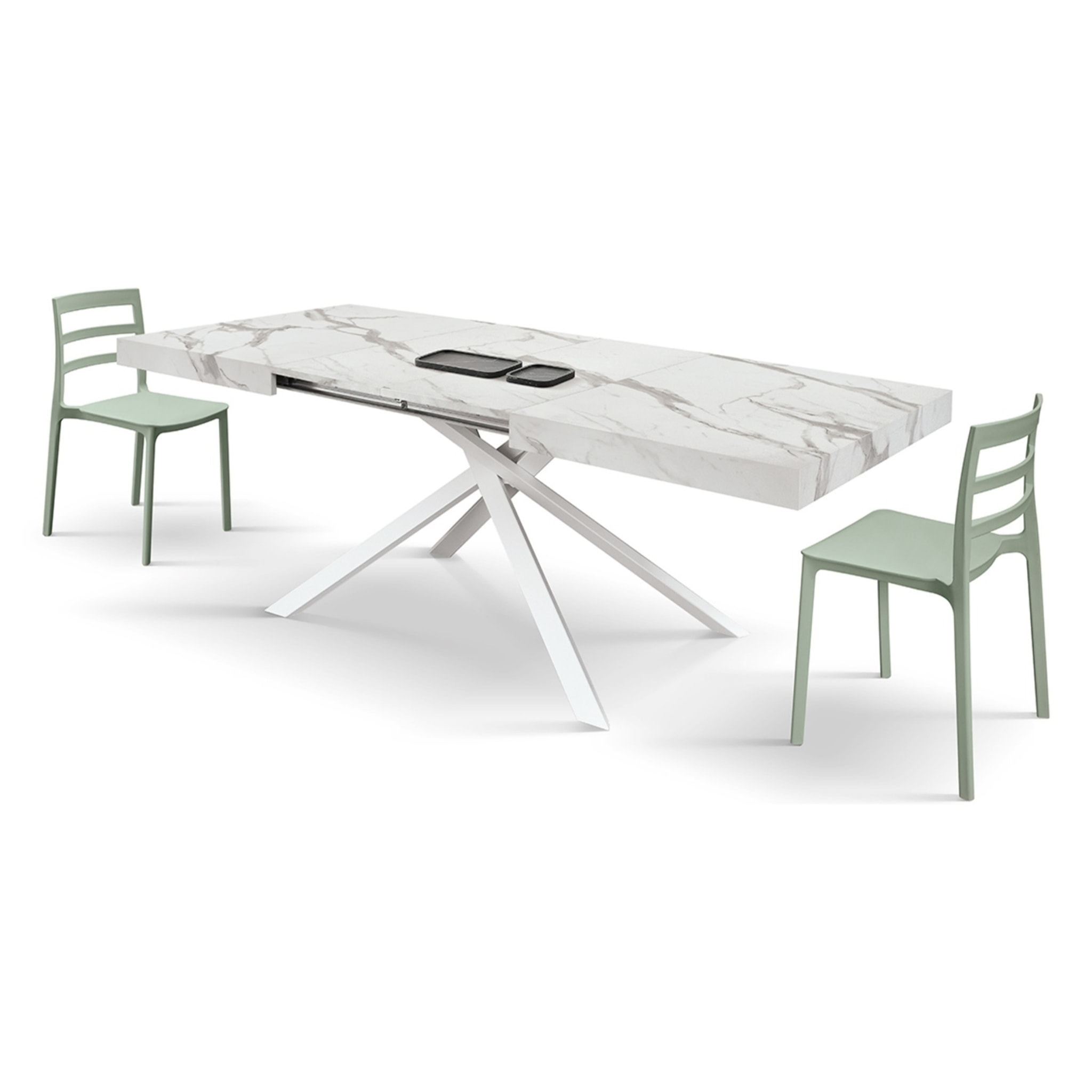 Tavolo FORTE DEI MARMI in legno, finitura bianco statuario e base in metallo bianco, allungabile 160x90 cm - 240x90 cm