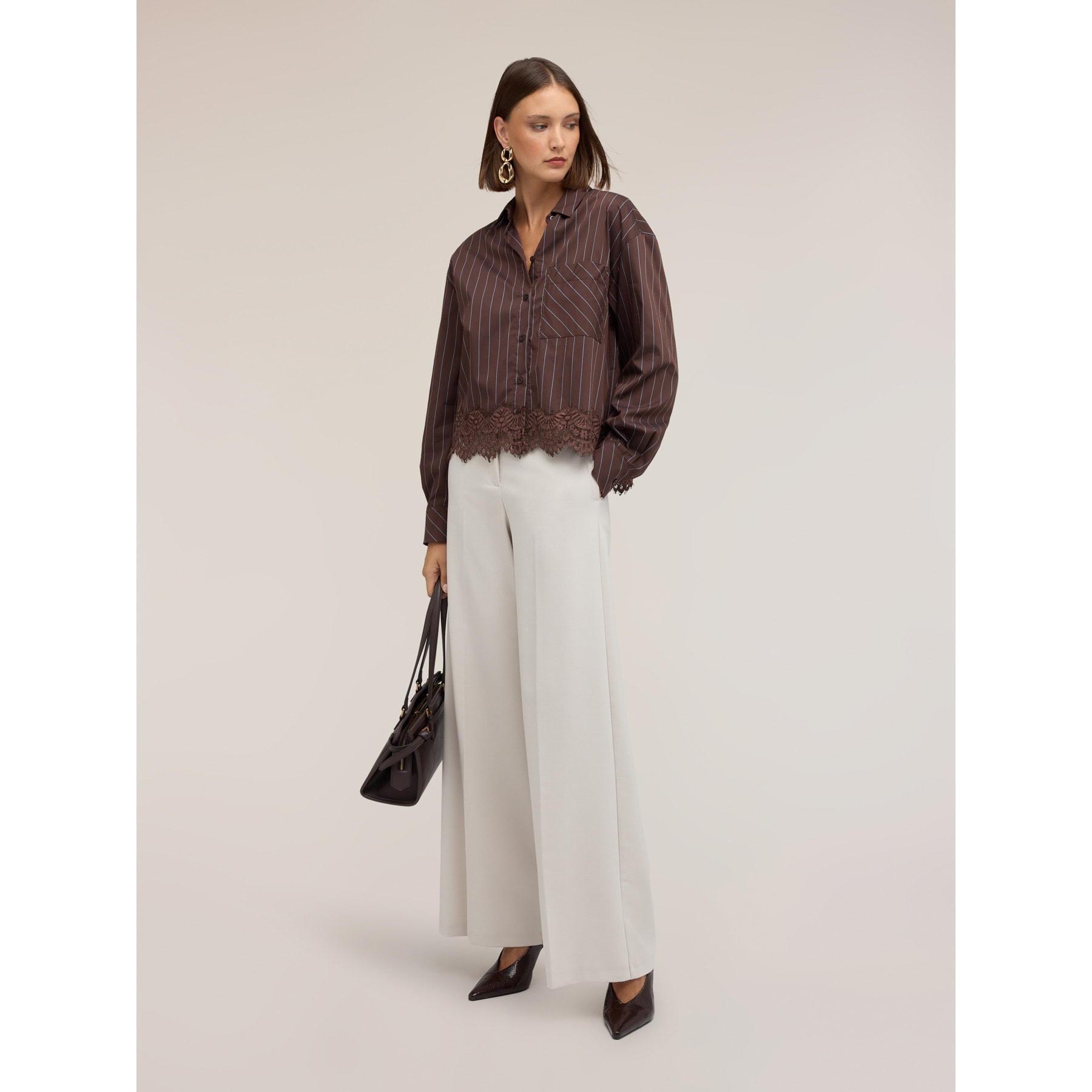 Motivi - Camicia in popeline a righe con pizzo - Marrone