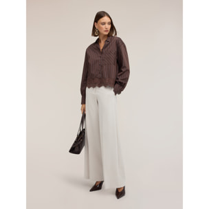 Motivi - Camicia in popeline a righe con pizzo - Marrone