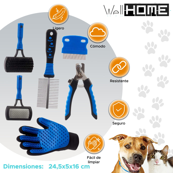 Well home set de cuidado para mascotas - incluye cepillo, peine y accesorios - azul y negro