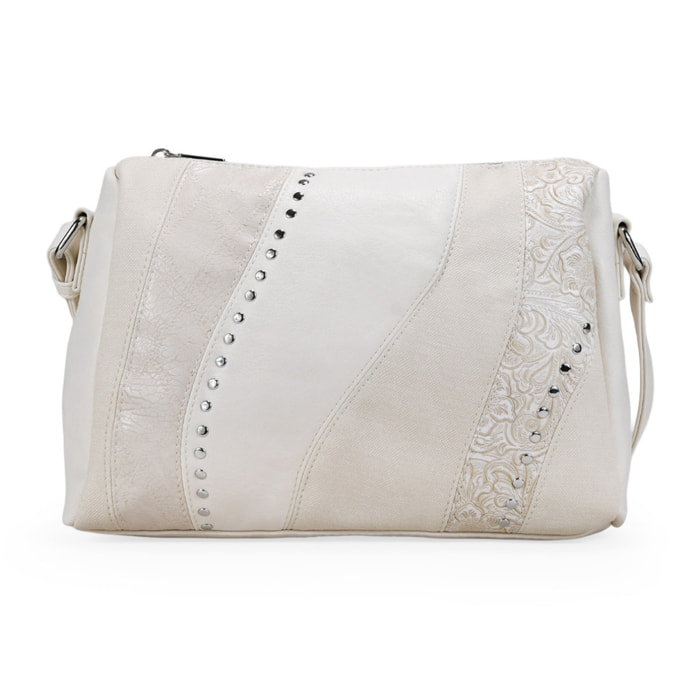 Bolso bandolera beige con cremallera y tachas