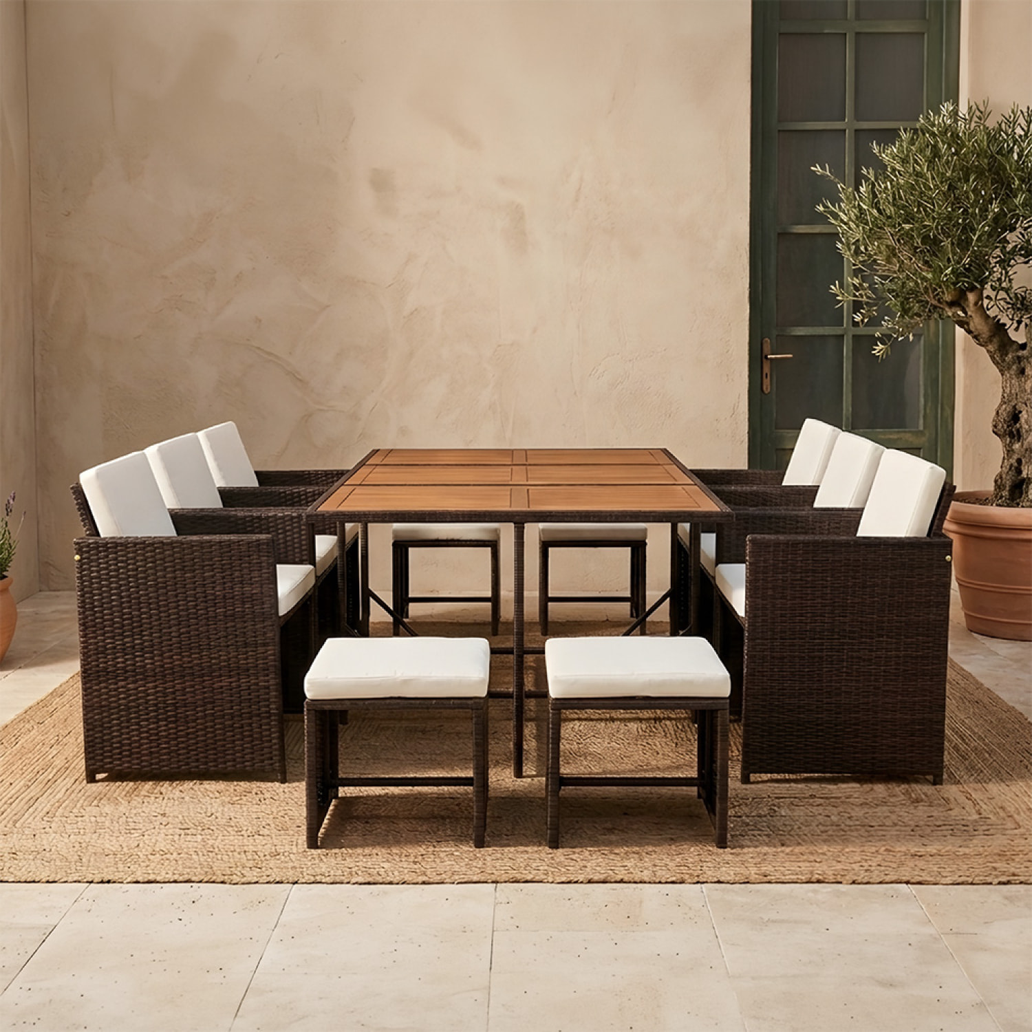 Salon de jardin 10 pl en résine marron et coussins beige + housse CASCO
