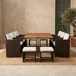 Salon de jardin 10 pl en résine marron et coussins beige + housse CASCO