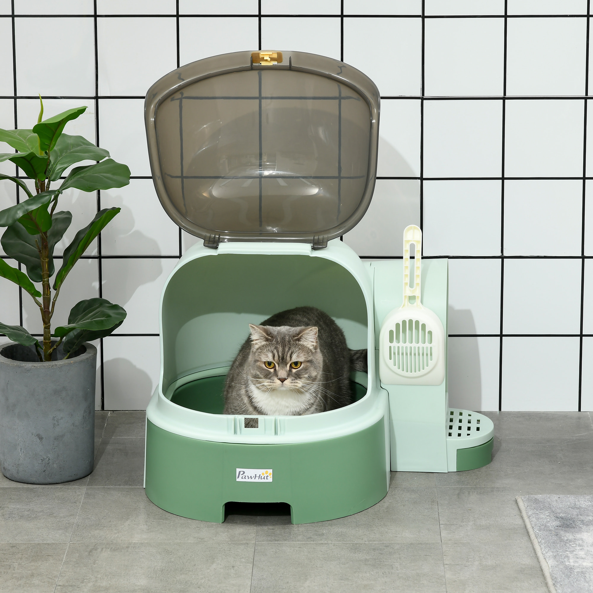 Maison de toilette litière pour chat design capsule spatiale - porte, capot ouvrant, pelle, 2 tiroirs amovibles - vert noir