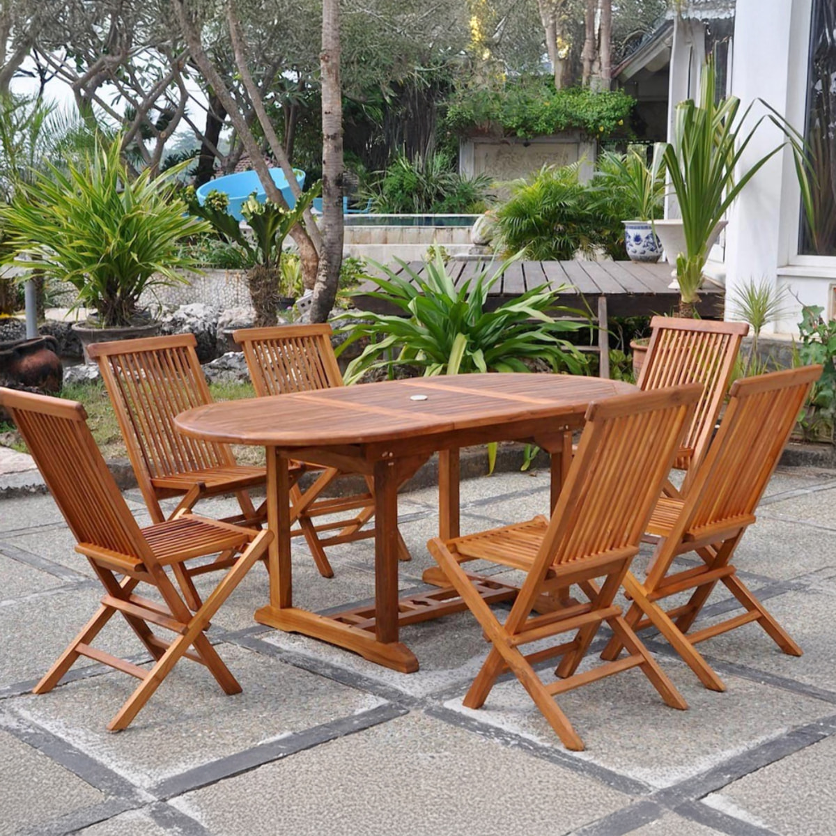 Salon de jardin Teck huilé 6 personnes - Table ovale + 6 chaises NARRA