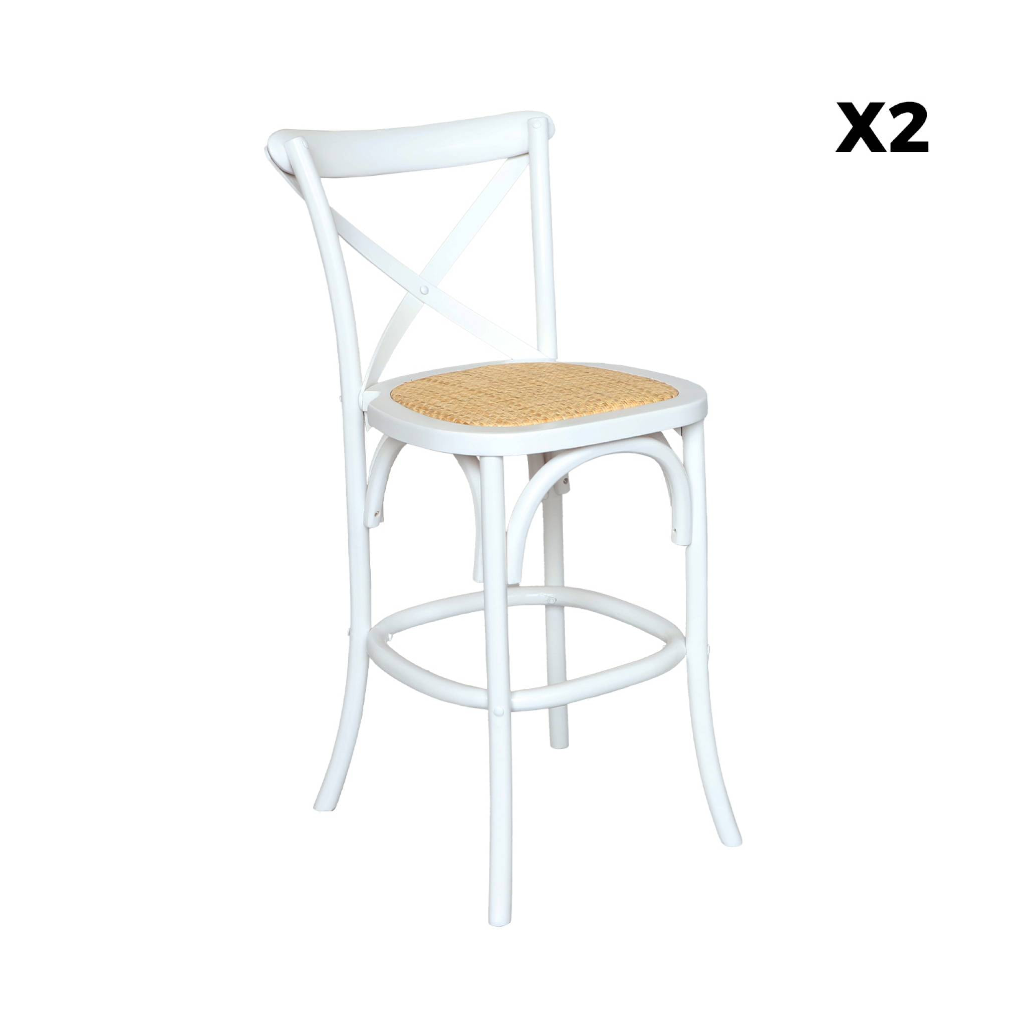 Lot de 2 tabourets de bar bistrot vintage en bois blanc avec repose-pieds