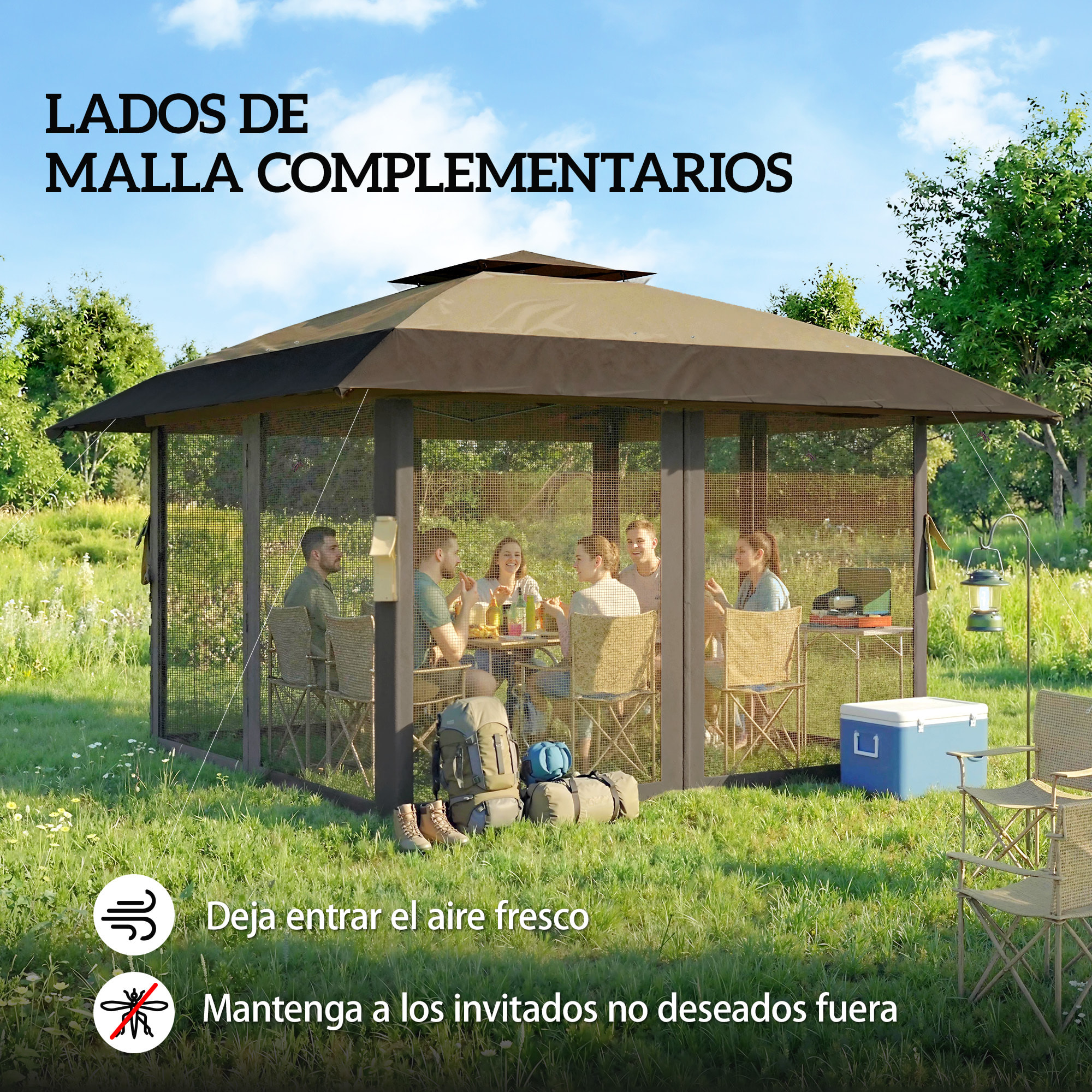 Carpa Plegable 4x4 m, Pop-up, con Doble Techo, 4 Paredes Laterales de Malla, Cenador de Jardín con Altura Ajustable 3 Niveles, Bolsa de Transporte, UPF30+, Gazebo para Camping, Fiestas, Caqui