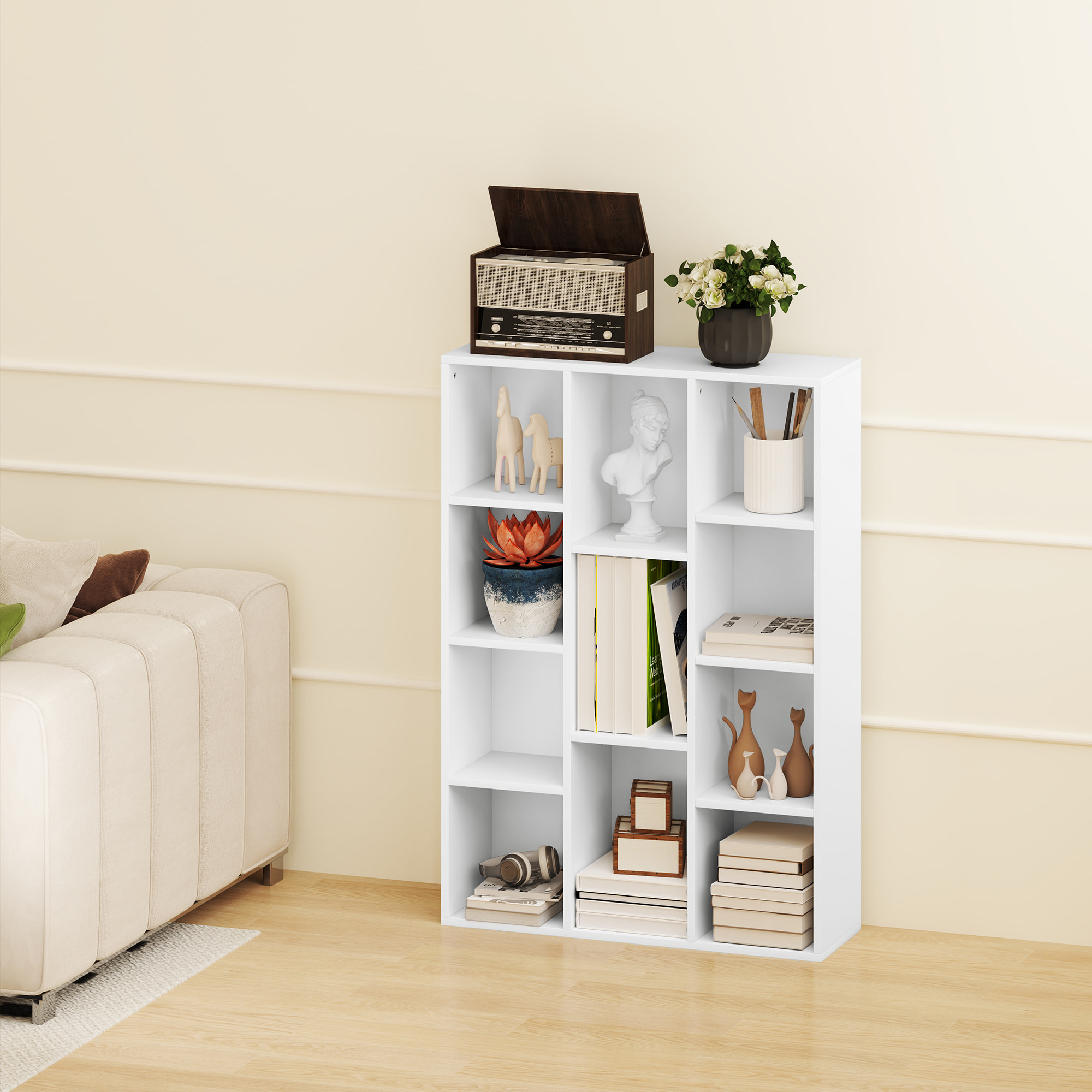 Librería de 4 Niveles Estantería de Libros con 11 Compartimentos Diseño Vertical u Horizontal para Sala de Estar Oficina Dormitorio 74,3x24x106 cm Blanco
