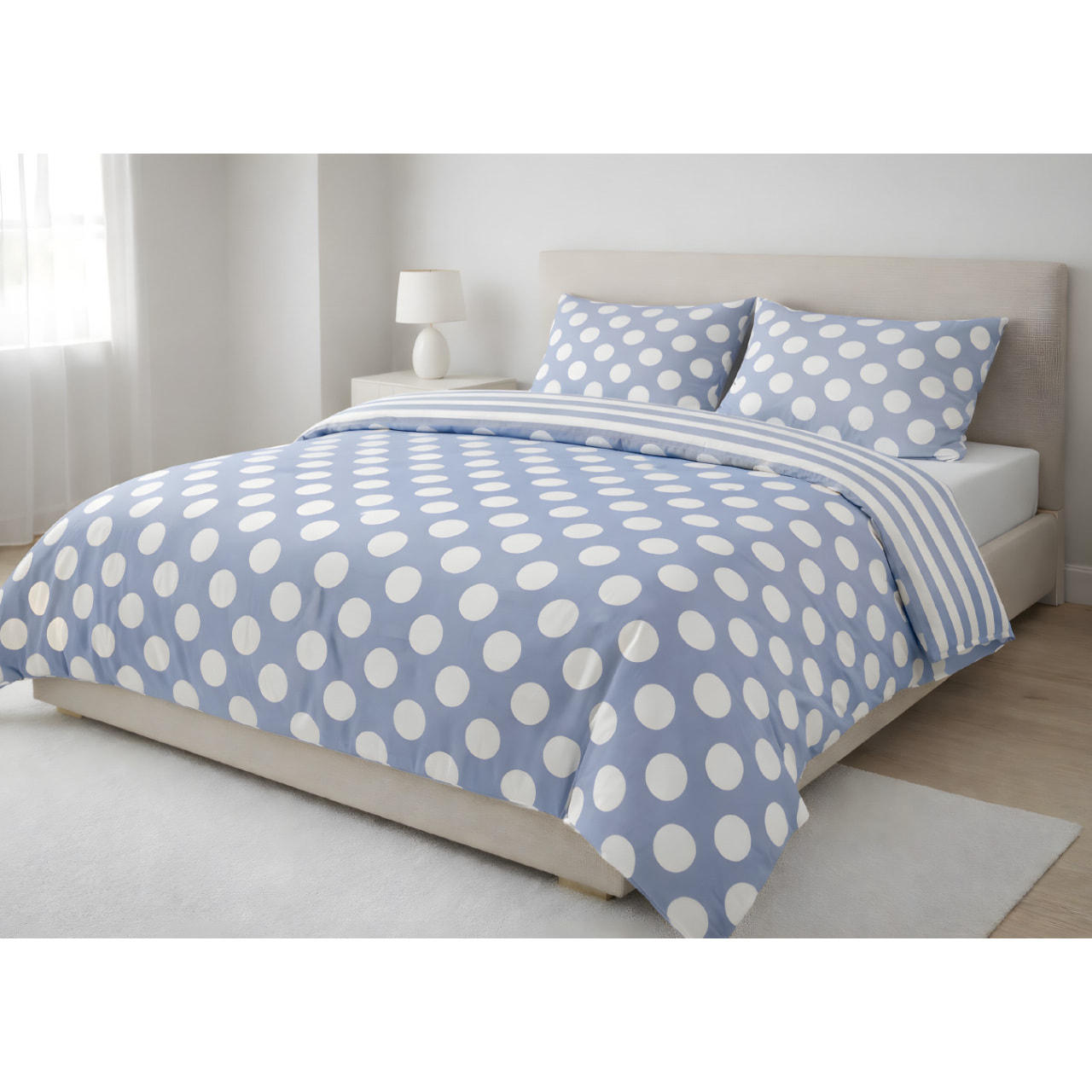 Parure Copripiumino 100% Cotone Made In Italy Disegno Pois Azzurro