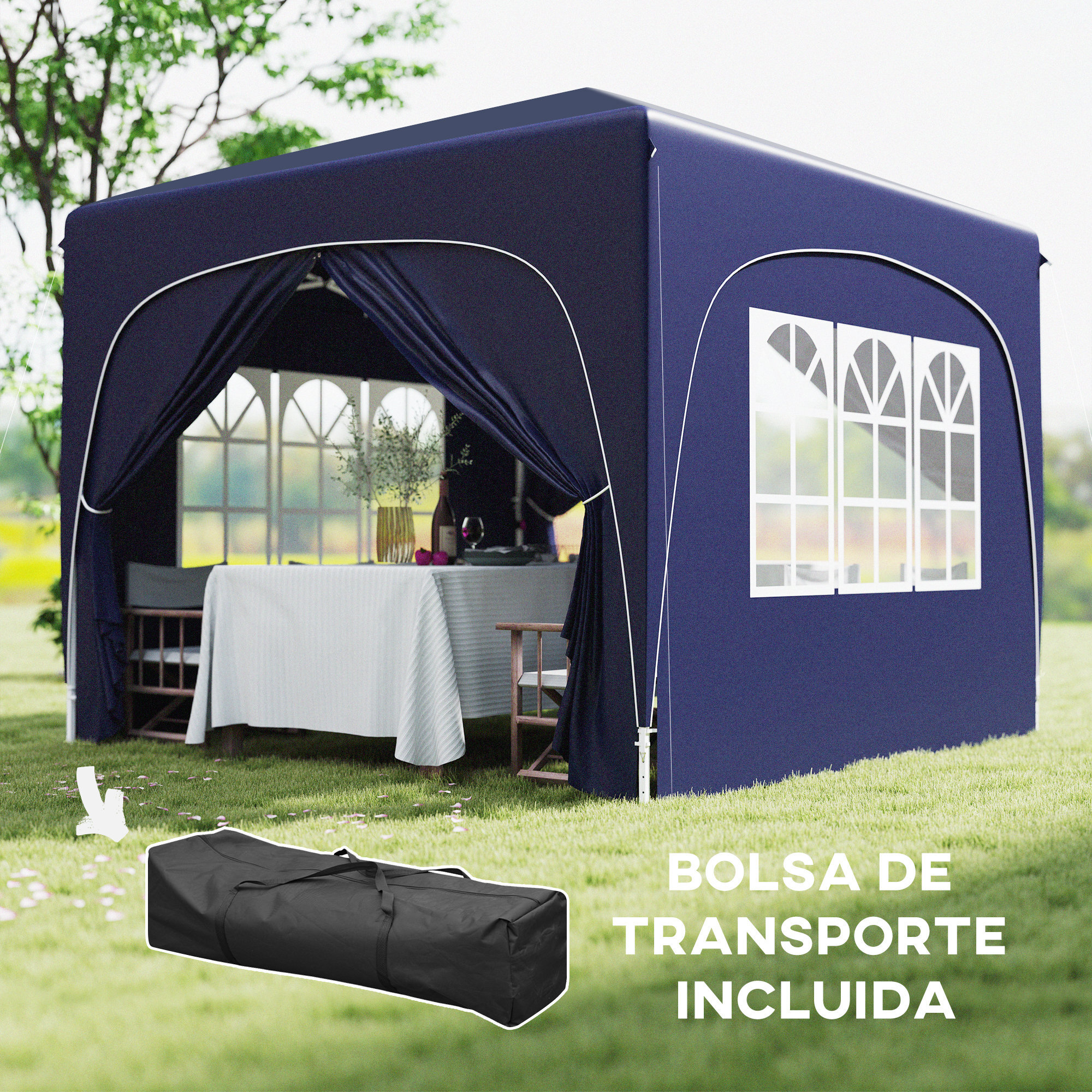 Carpa Plegable Gazabo 3x3 m con Paneles Laterales UPF50+ Cenador Pabellón de Jardín con Altura Ajustable y Bolsa de Transporte para Camping Fiestas Patio Terraza