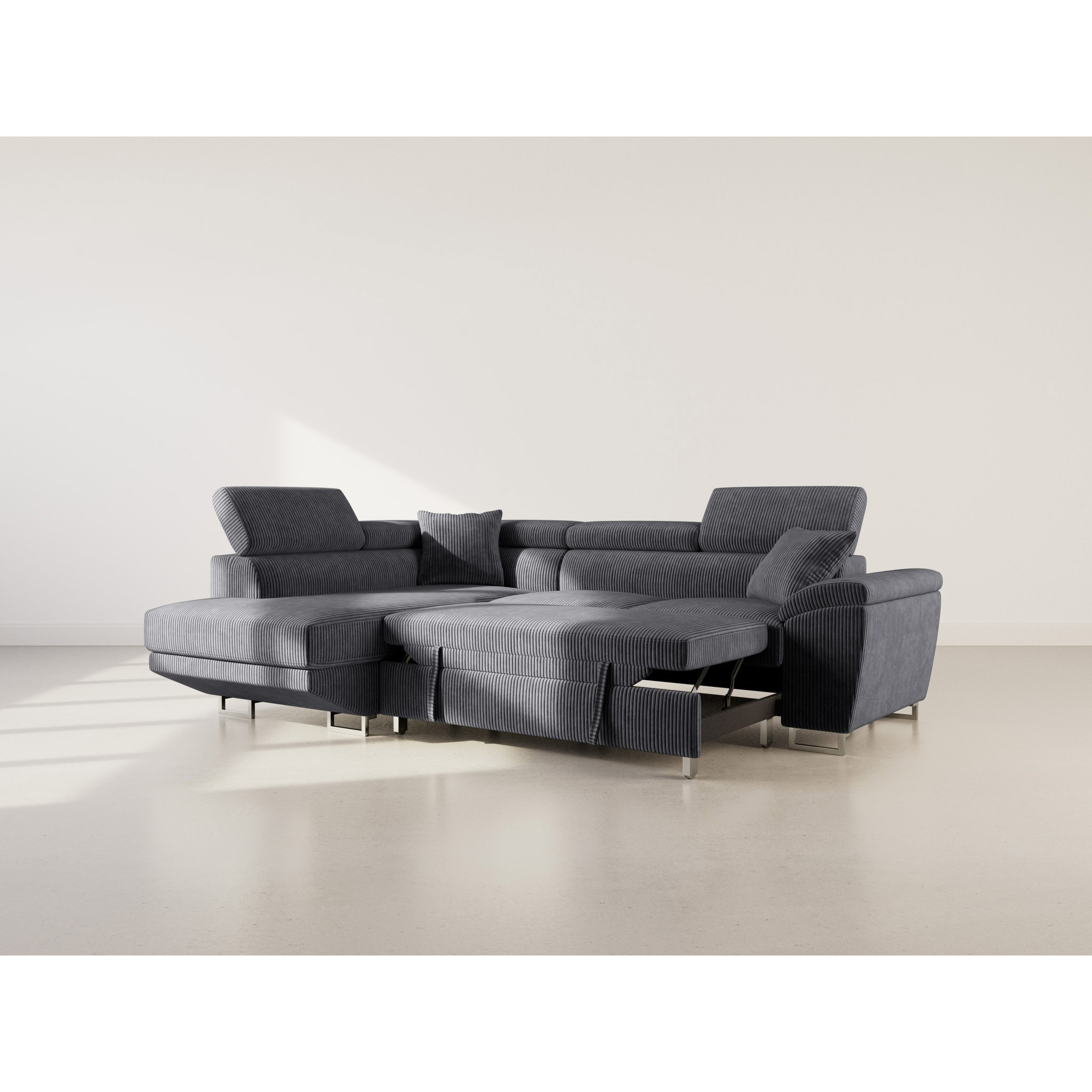 Baoji - Canapé d'angle gauche 5 places convertible avec têtières et coffre en velours côtelé - Gris