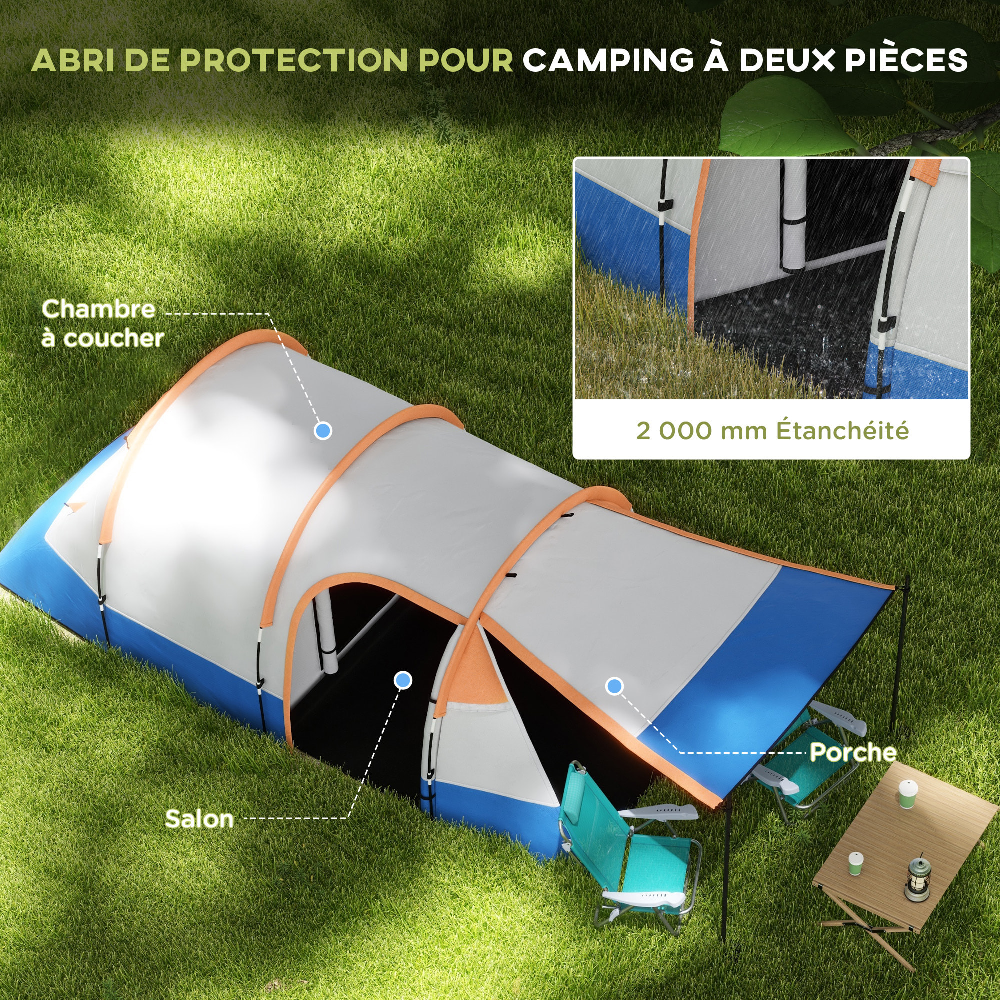 Tente de camping 2-3 pers. porche étanche 2000 mm 3 portes sac de transport orange