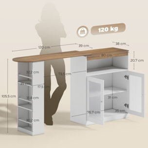 Mesa de Bar Extensible y Giratoria 90°, Mesa Alta Cocina con Estantes Abiertos y 2 Puertas de Vidrio para Comedor, 150x80x105,5 cm, Blanco y Natural