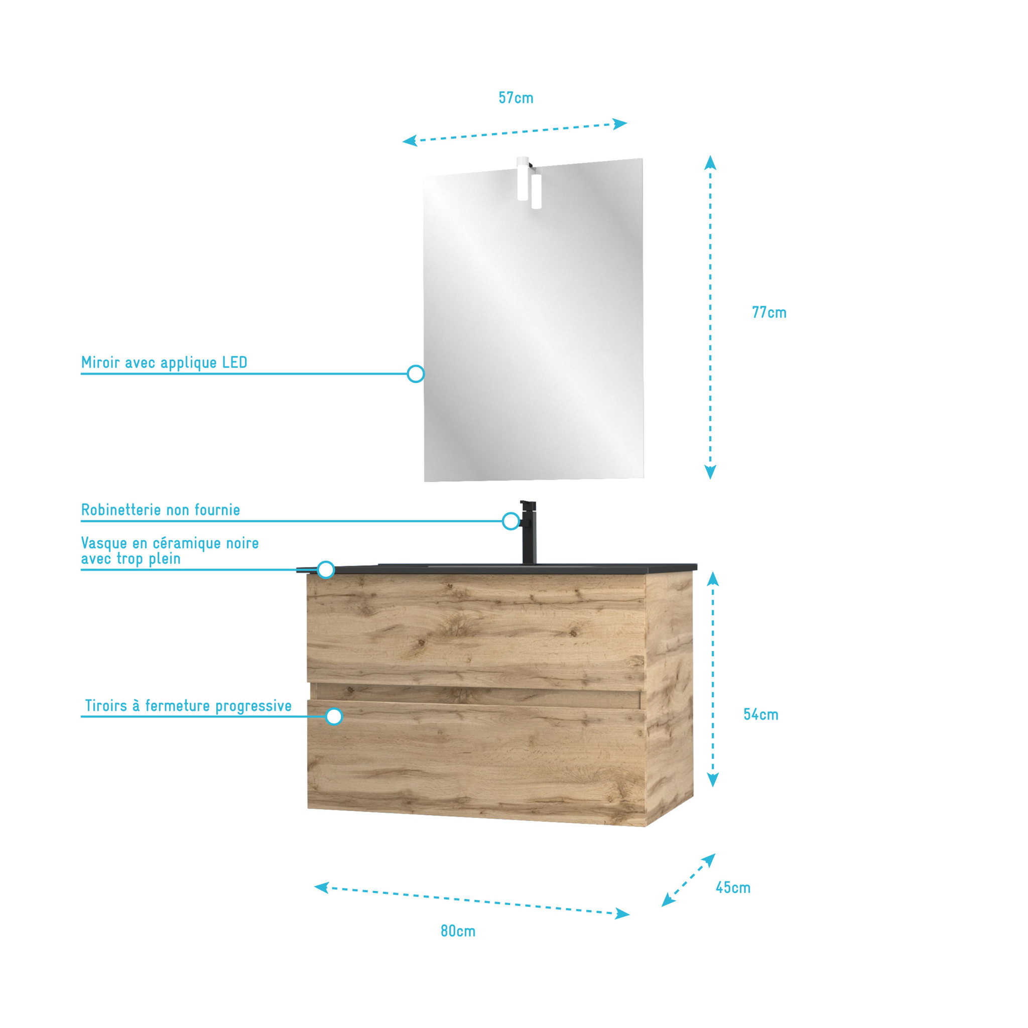 Meuble salle de bain 80x54 - Finition chene naturel + vasque noire + miroir Led - TIMBER 80 - Pack33