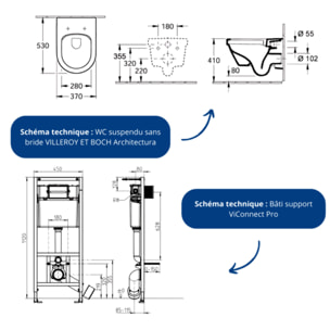 Pack WC sans bride Architectura avec abattant + bâti-support sol et mur Viconnect PRO + plaque chromée brillant  + Tabouret blanc