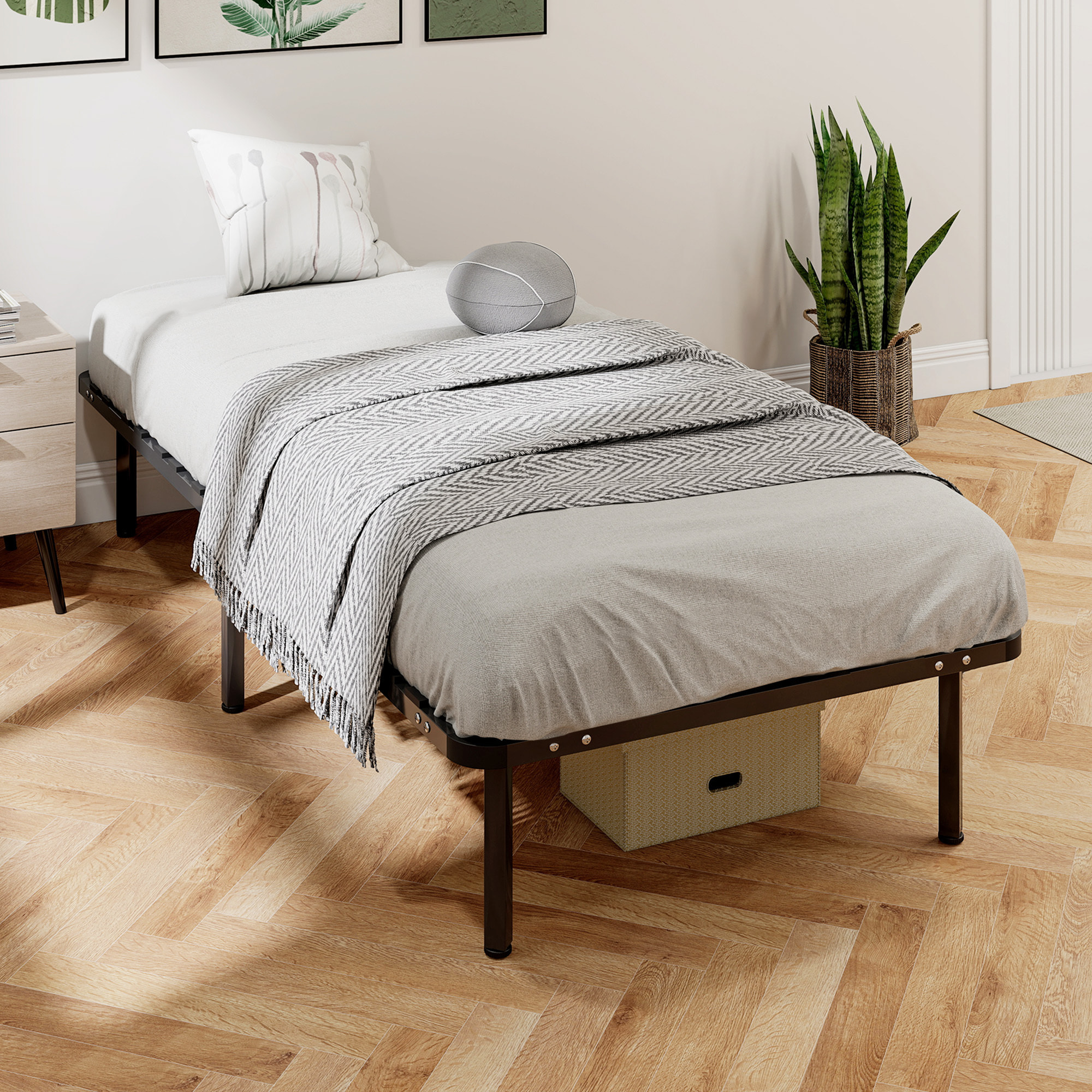 Somier 90x190 cm, Altura 26 cm, Estructura de Cama de Plataforma de Acero con Espacio de Almacenamiento Debajo y Láminas de Álamo, Fácil de Montar, Carga 300 kg, Negro