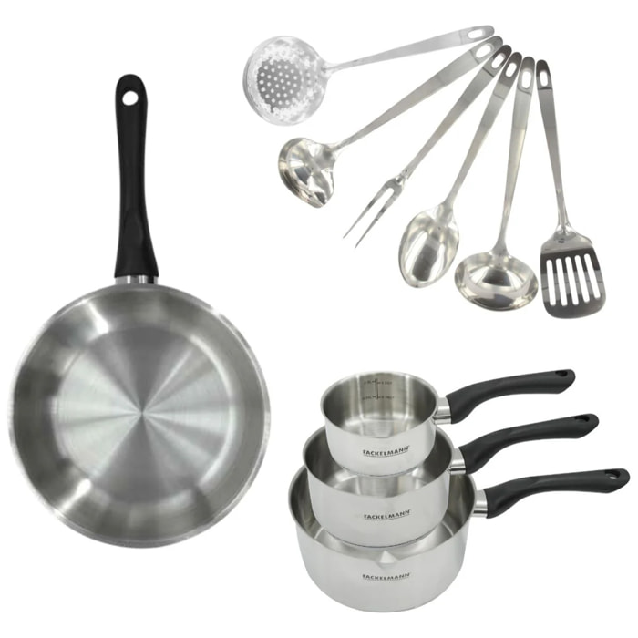 Set 1 poêle 28 cm, 3 casseroles en inox et 6 ustensiles inox Fackelmann Geneva