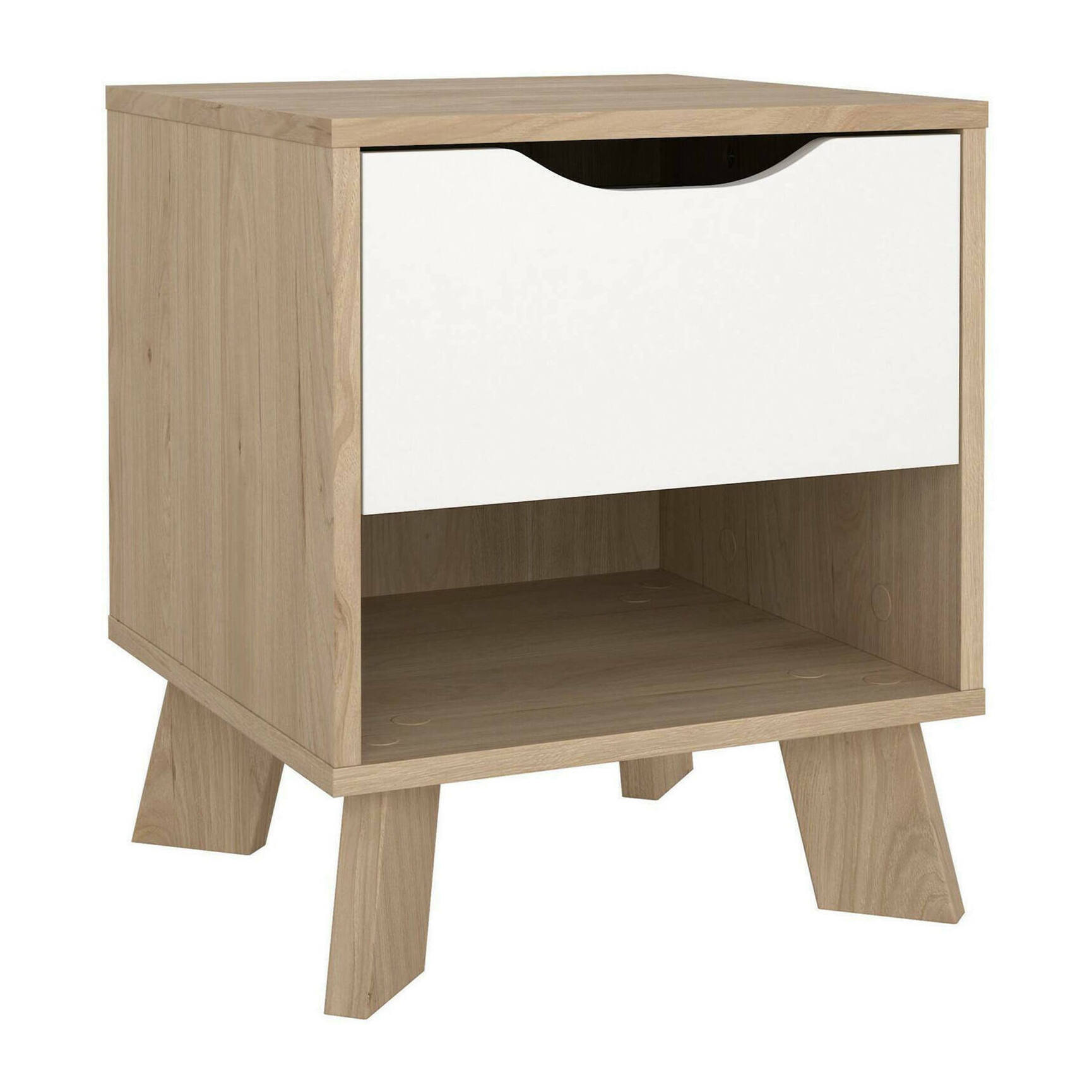 Comodino Zuglio, Comò basso, Tavolino da notte, Mensola da letto, 40x40 h47 cm, Rovere e Bianco