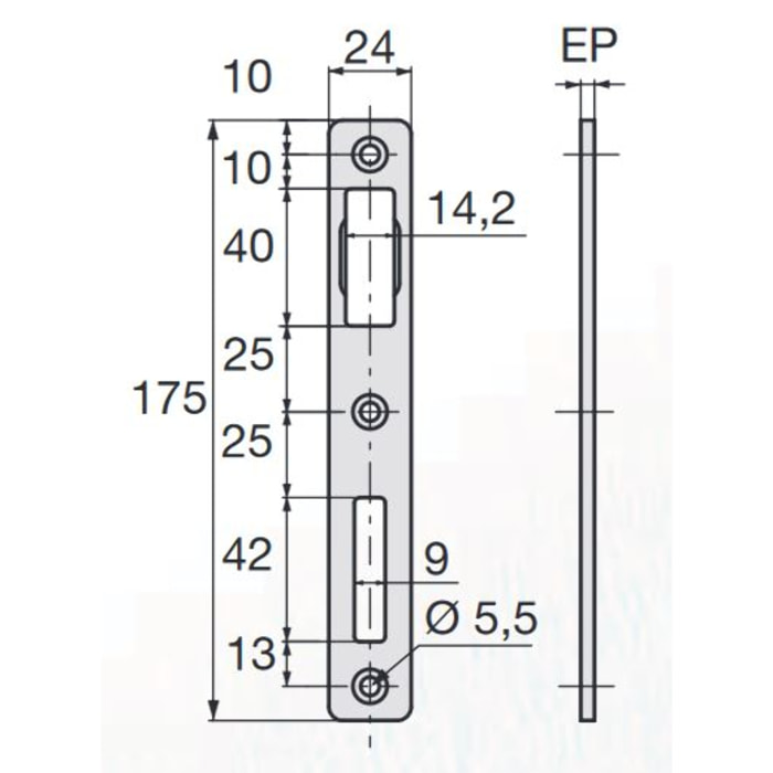 Gâche plate inox 175x22x2.5 mm ASSA ABLOY - 2835.00.0