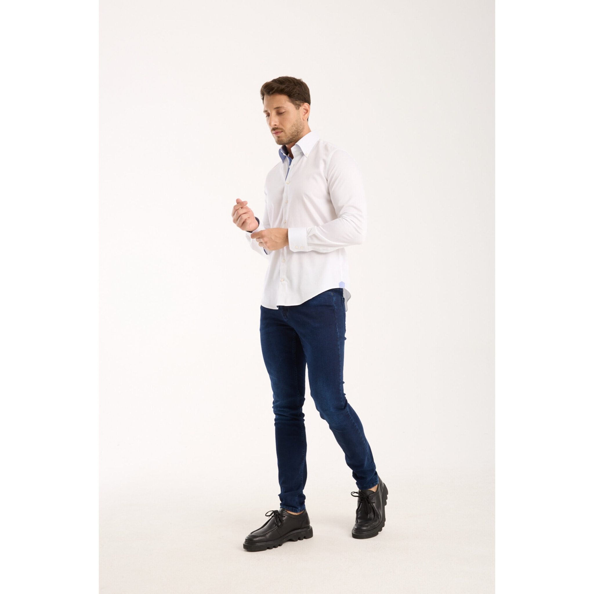 Camicia Uomo 2 Bottoni Button Down Slim Satin Unito Bianco