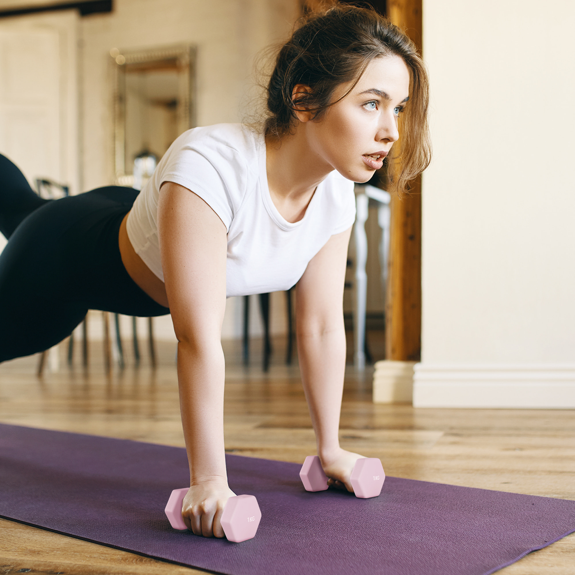 Juego de Mancuernas de 6 Piezas 2 x1 kg 2 x2 kg 2 x3 kg Mancuernas Hexagonales con Revestimiento de Plástico Antideslizante y Estuche de Transporte para Ejercicio en Casa Gimnasio Multicolor