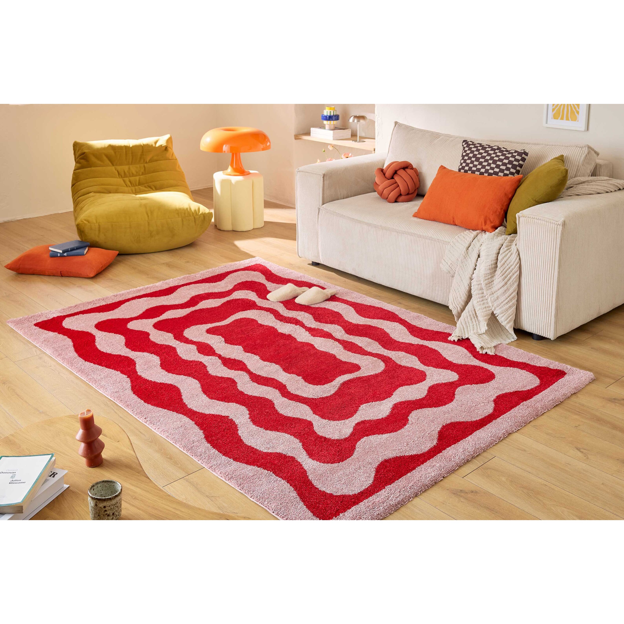 GROOVY - Tapis coloré style seventies - Confortable et moelleux - Rouge