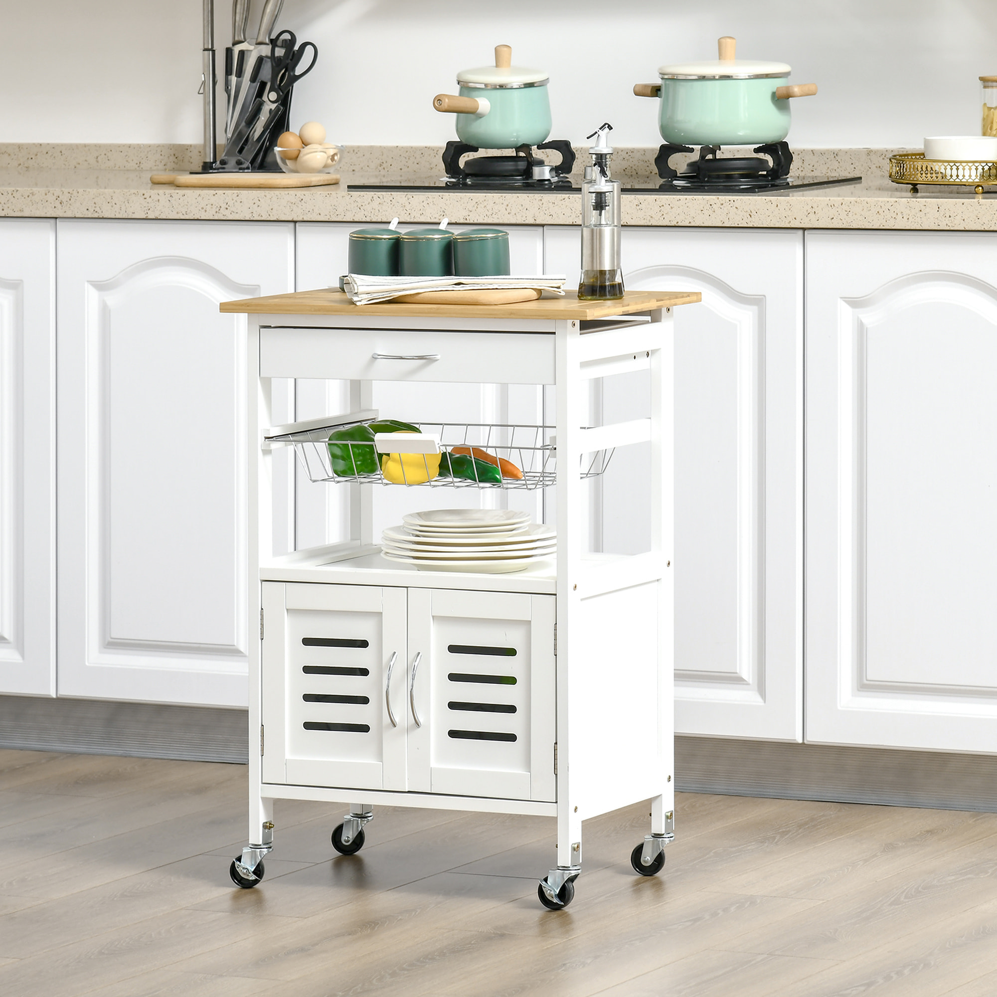 HOMCOM Carrito de Cocina con Ruedas Carro de Almacenamiento Multiuso con Encimera de Bambú Cajón Cesta Metálica y Armario de 2 Puertas de Persiana 58x37x83 cm Blanco