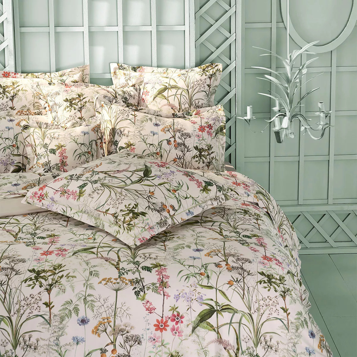 Housse de couette satin de coton imprimé beige vert rose Prairie legere beige