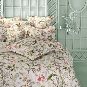 Housse de couette satin de coton imprimé beige vert rose Prairie legere beige