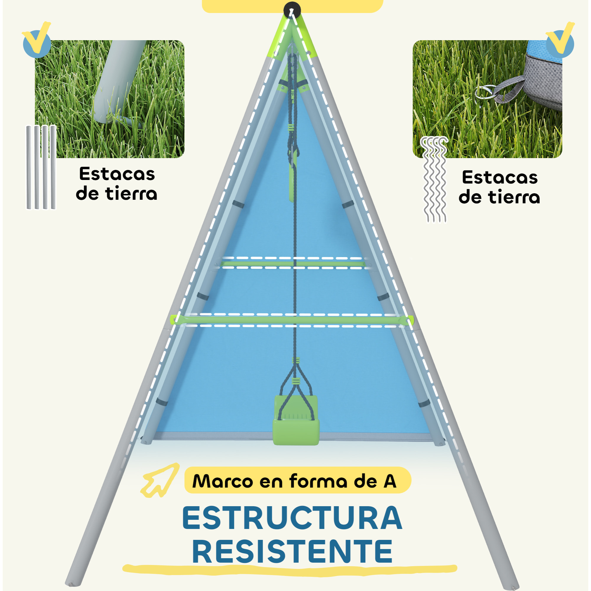 Columpio para Niños de +3 Años 3 en 1 Columpio Jardín Exterior con Columpio Anillas de Gimnasia y Tienda Estructura Metálica Verde