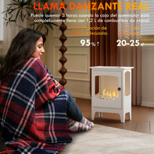 Chimenea de Bioetanol de Pie Estufa de Bioetanol con Tanque de 1,2 L Apagallamas de Acero Inoxidable Tiempo de Combustión 3H para Interiores 20-25 m² 39x26x54 cm Blanco