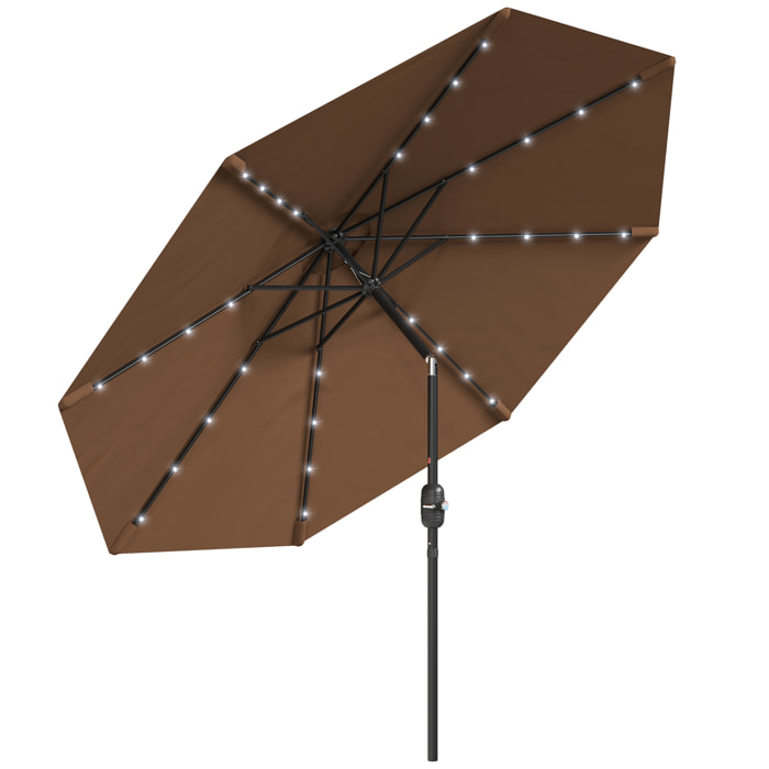 Sombrilla Terraza Exterior Ø265 cm Sombrilla de Jardín con 32 Luces LED Solares Poste de Acero y Manivela Parasol Inclinable para Patio Terraza Marrón