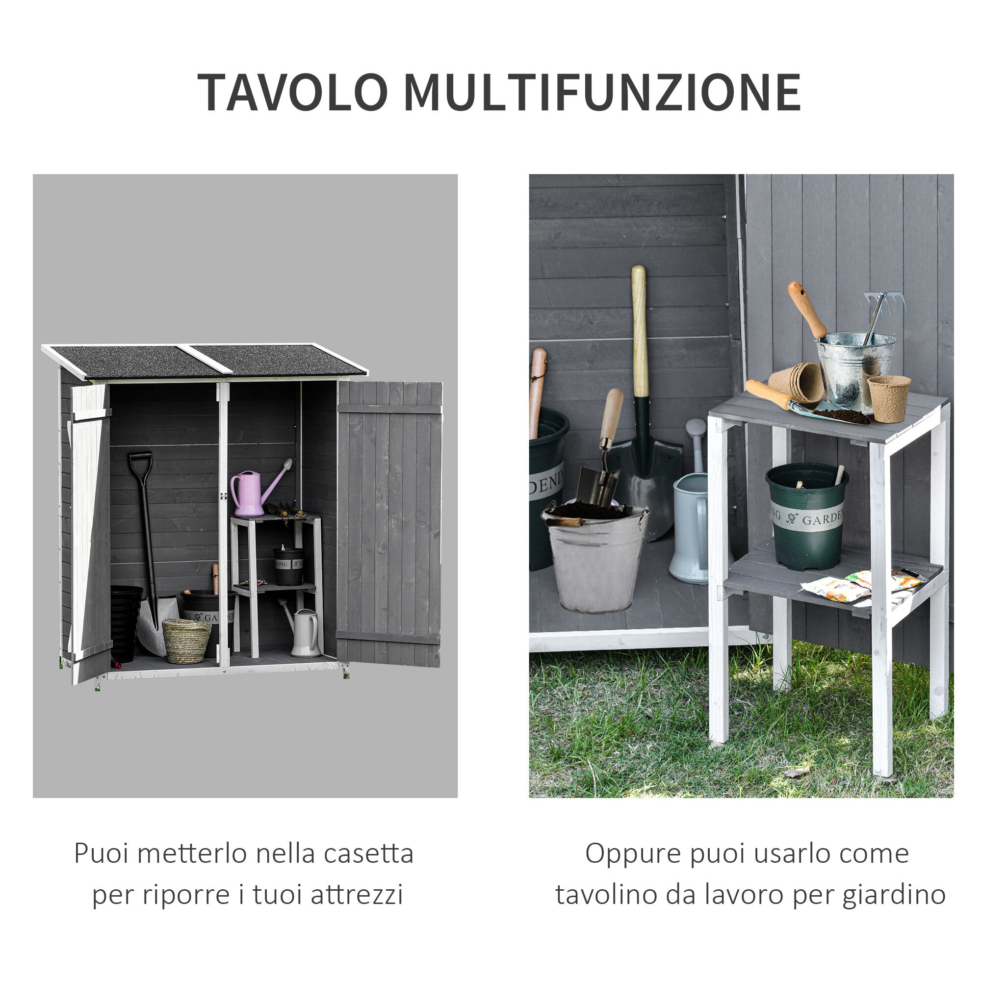 Outsunny Casetta da Giardino Porta Utensili, Doppia Porta con Blocco e Tavolo Rimovibile, Legno, 139x75x160cm, Grigio