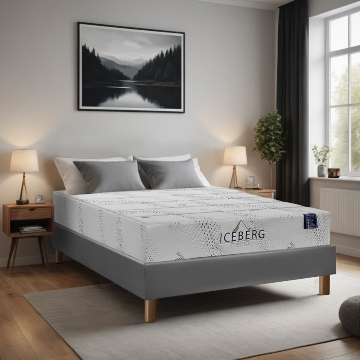 Ensemble Matelas Iceberg & sommier déco | 25 cm | Mémoire de forme et gel rafraîchissant | Cadre à lattes | Simili cuir | Gris