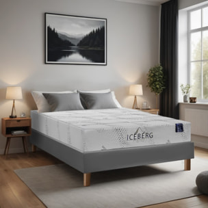 Ensemble Matelas Iceberg & sommier déco | 25 cm | Mémoire de forme et gel rafraîchissant | Cadre à lattes | Simili cuir | Gris