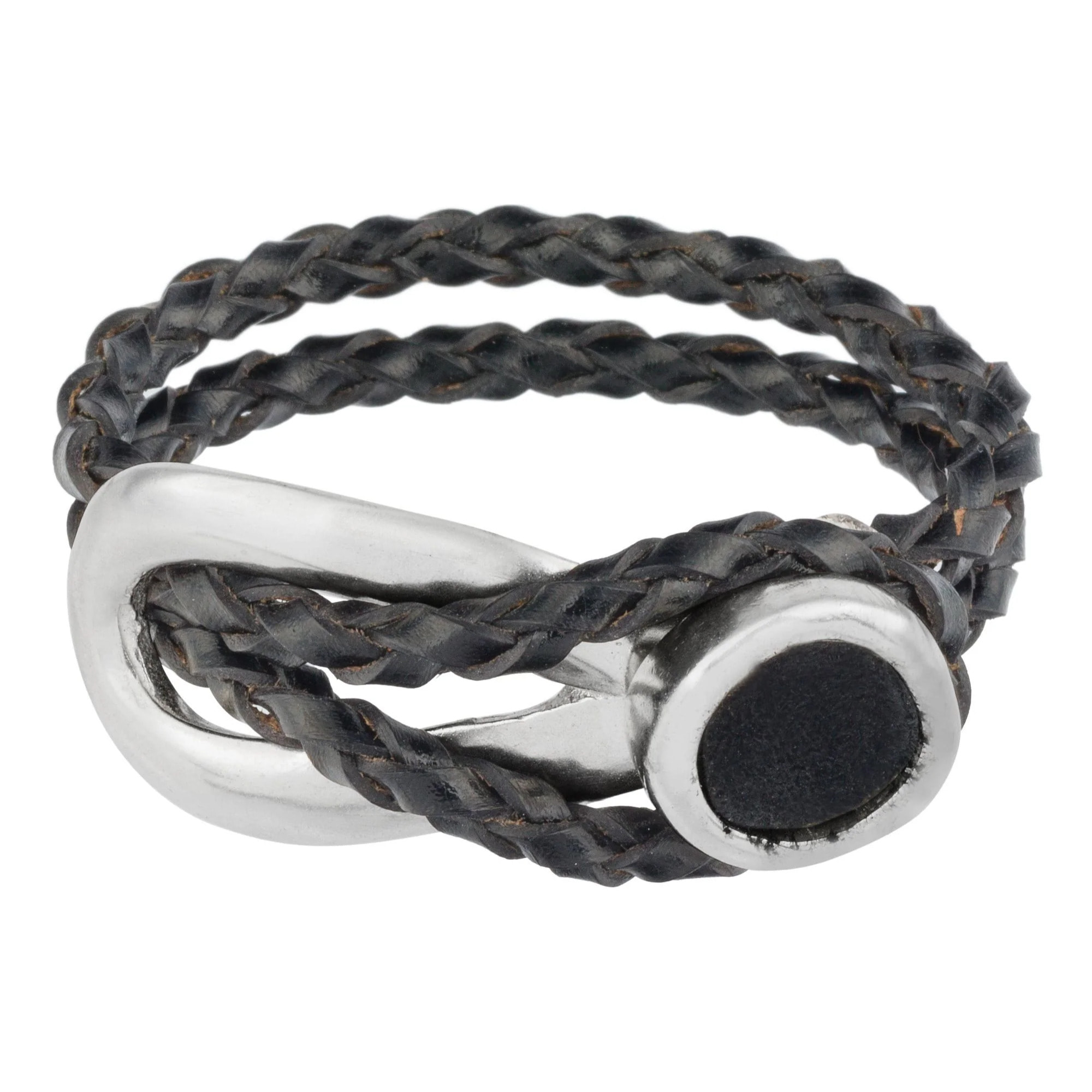 Pulsera doble cuero rolo negro plata zamak